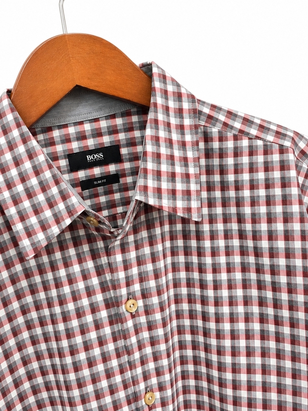 Hugo Boss Slim Fit Plaid Button Up Shirt Mens L Red Gray Long Sleeve